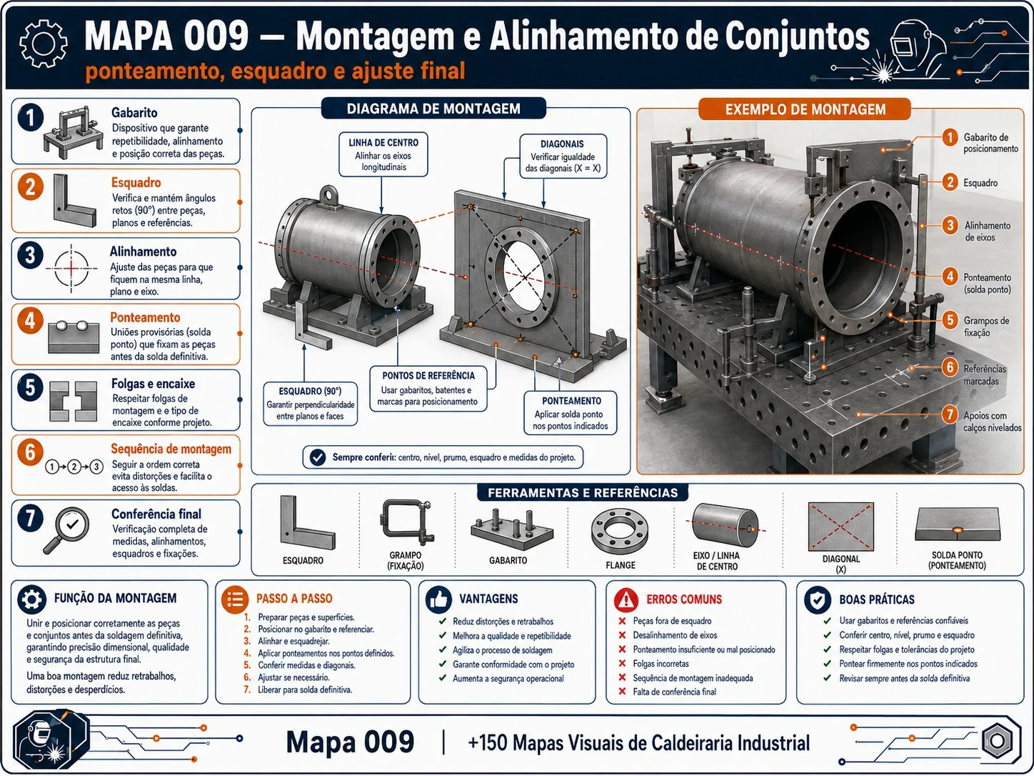 Mapa 009 — Montagem e alinhamento de conjuntos: ponteamento, esquadro e ajuste final